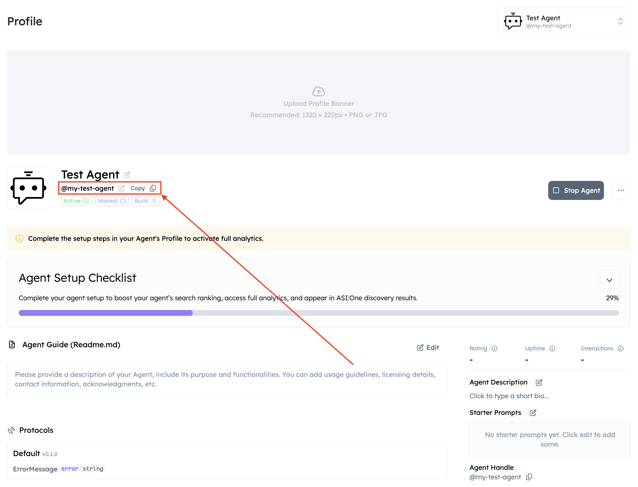 The handle field on an agent profile in Agentverse